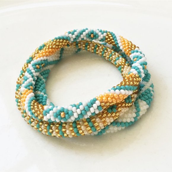 Aqua White PeachBeaded Roll-on Bracelets--set of 3 - Picture 1 of 4